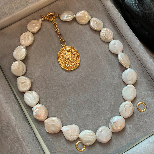 Convertible Pendant Necklace, 24K Gold-Plated Brass, Natural Baroque Button Pearl, Adjustable Length