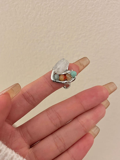 Handcrafted Beaded Natural Stone Open Stackable Rings, Women's Layered Boho Style