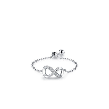 Sterling Silver Ring with Chain Design, Zirconia Inlay, Adjustable Size, Different Choice with Crystals for Women and Girls