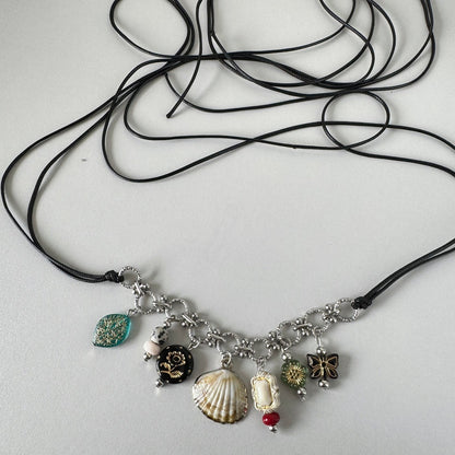 Vintage-Style Shell Flower Butterfly Bead Necklace with Aged Effect