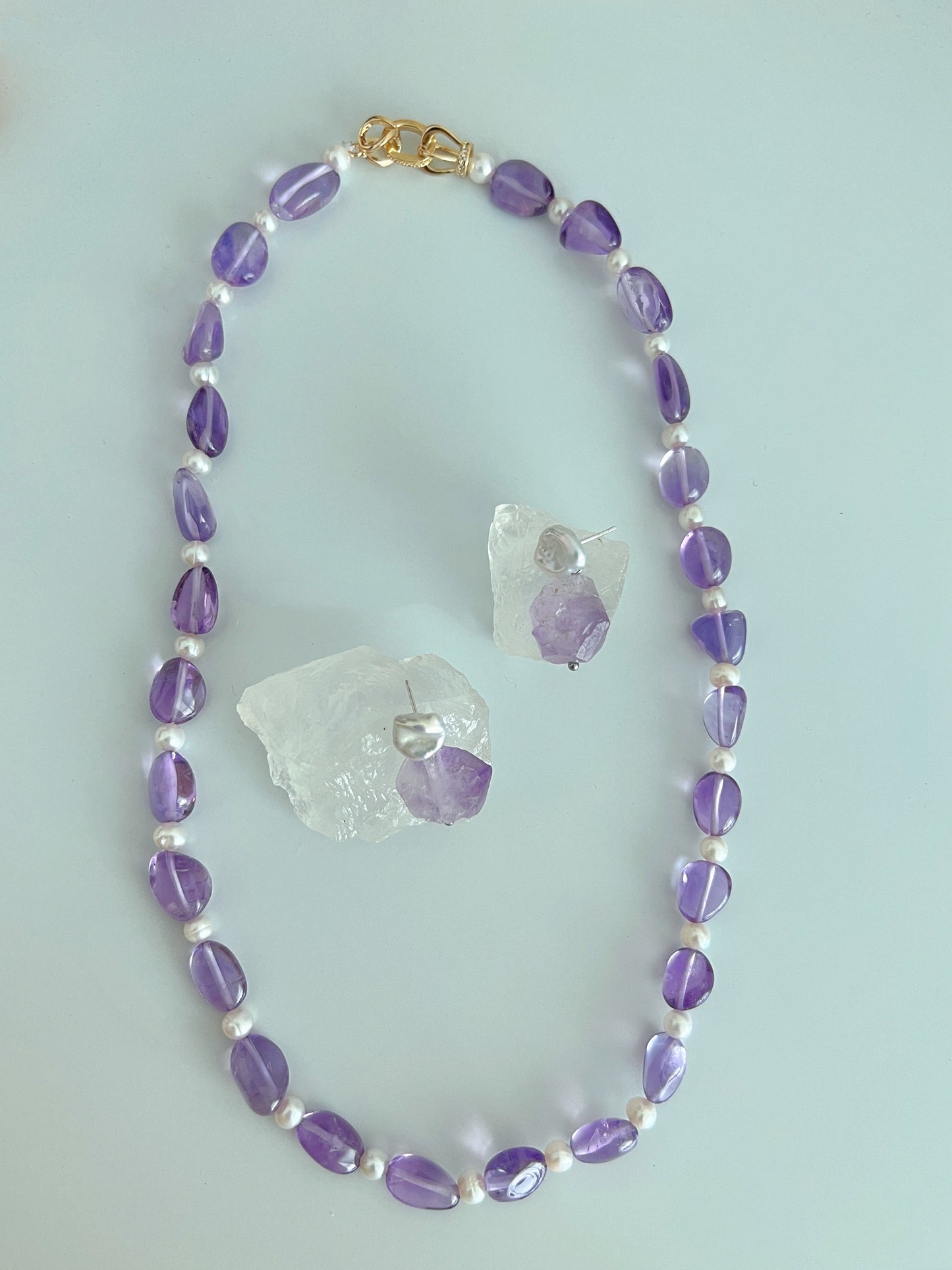 Fresh Aesthetic Purple Crystal & Freshwater Baroque Pearl Earrings & Pendant Necklace, Original Design