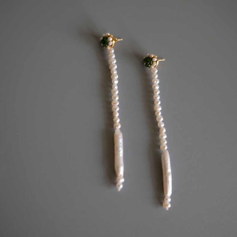 Long Chinese-Style Earrings, Pearl and Apatite Clips