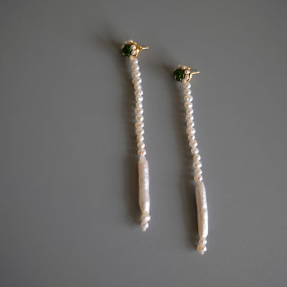 Long Chinese-Style Earrings, Pearl and Apatite Clips