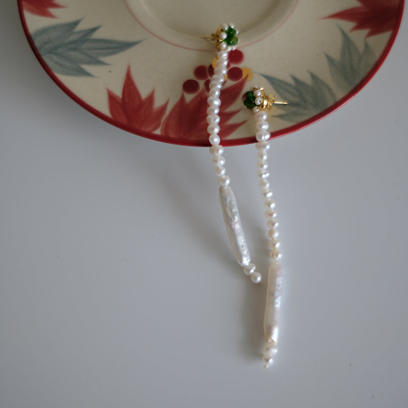 Long Chinese-Style Earrings, Pearl and Apatite Clips