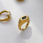 Floral Core Zircon Ring, Black Zircon Eye, Wave-Patterned Star Ti Steel, 18K Gold-Plated
