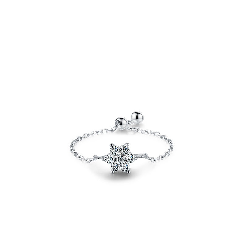 Sterling Silver Ring with Chain Design, Zirconia Inlay, Adjustable Size, Different Choice with Crystals for Women and Girls