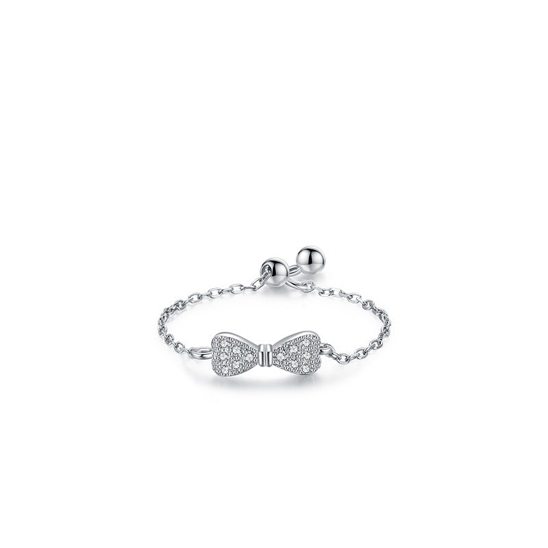 Sterling Silver Ring with Chain Design, Zirconia Inlay, Adjustable Size, Different Choice with Crystals for Women and Girls