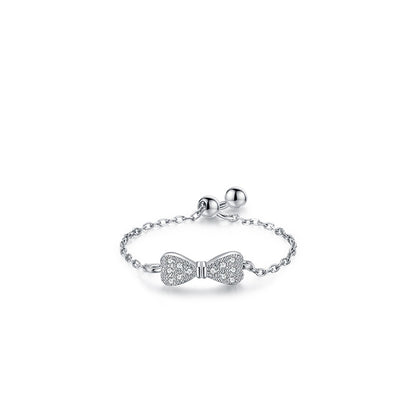 Sterling Silver Ring with Chain Design, Zirconia Inlay, Adjustable Size, Different Choice with Crystals for Women and Girls