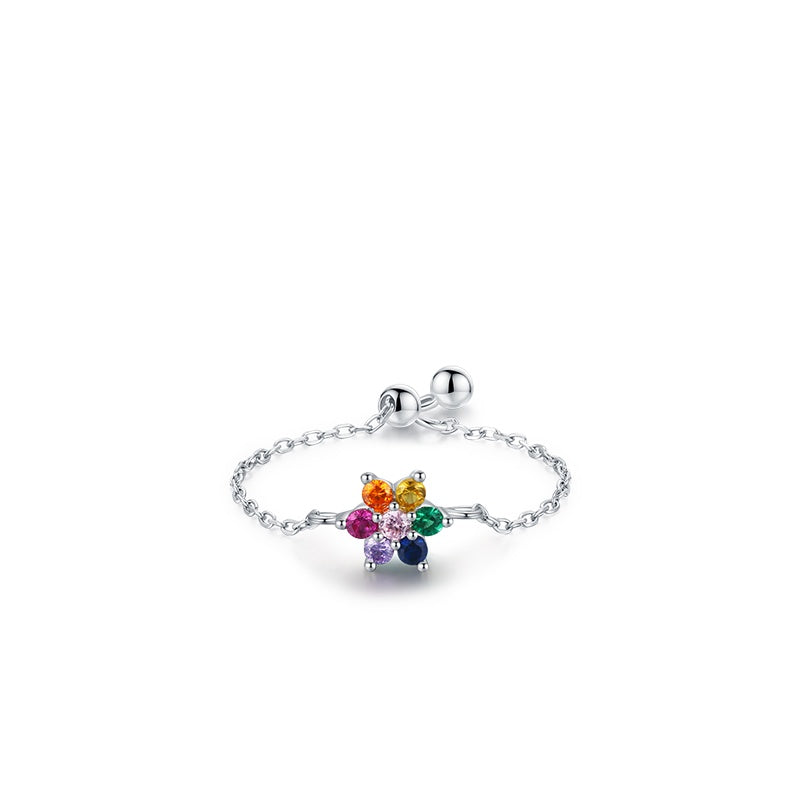 Sterling Silver Ring with Chain Design, Zirconia Inlay, Adjustable Size, Different Choice with Crystals for Women and Girls