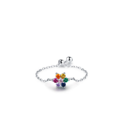 Sterling Silver Ring with Chain Design, Zirconia Inlay, Adjustable Size, Different Choice with Crystals for Women and Girls