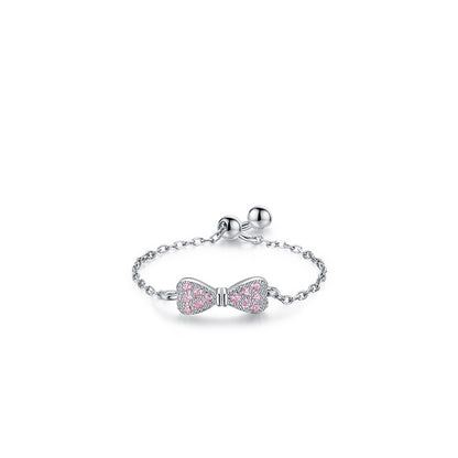 Sterling Silver Ring with Chain Design, Zirconia Inlay, Adjustable Size, Different Choice with Crystals for Women and Girls