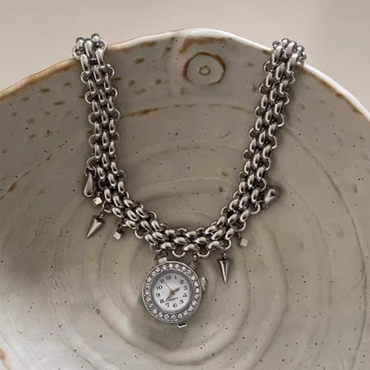 Cyberpunk Silver Vintage Watch Necklace, Gothic Punk Style, Metallic Y2K Necklace, Elegant and Fashionable, Unisex Necklace