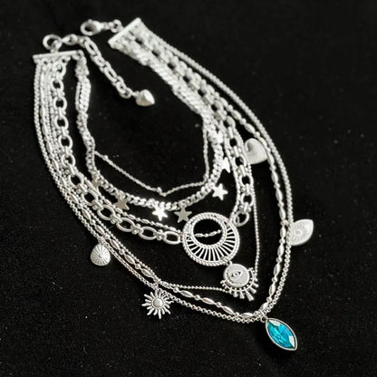 Vintage punk style, lapis lazuli, stars, eye of God, heart pendant silver layered necklace, exotic elegance, niche personality, perfect unique gift.