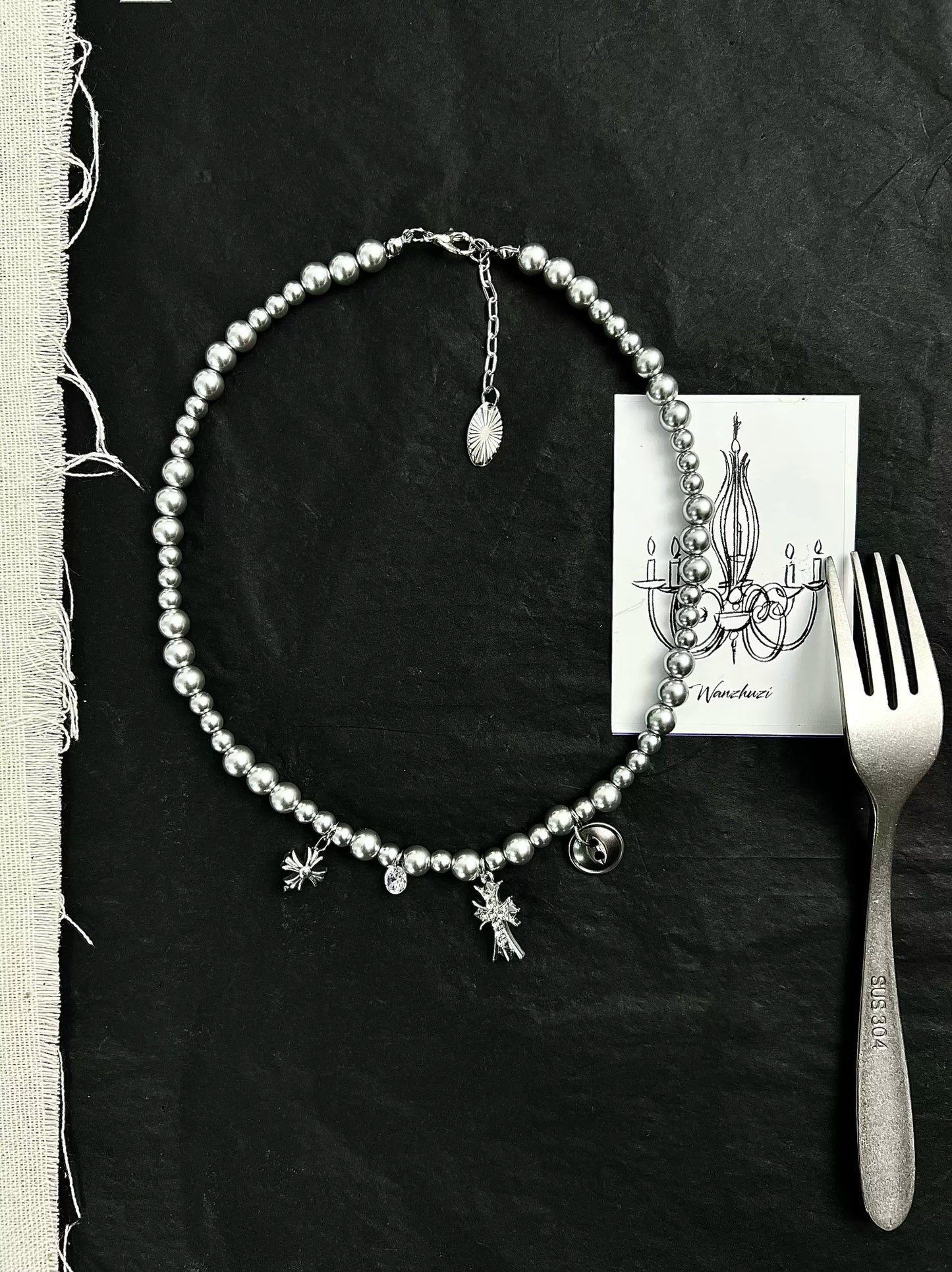Bead Cross Punk Pearl Layered Choker, Cat Eye Cross Necklace, Metallic Simple Unique Necklace