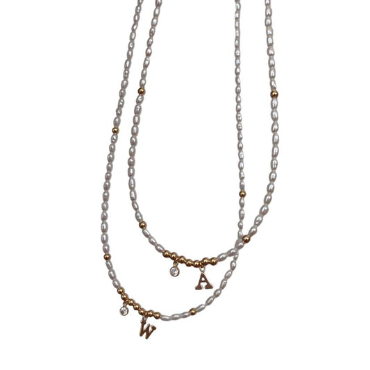 14K Gold-Filled Personalized Initial Necklace with Natural Pearl and Crystal Pendants