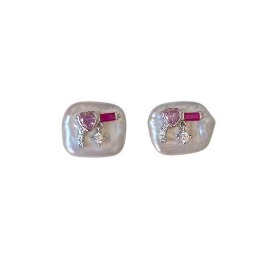 Unique Pearl and Cubic Zirconia Pink Gun Stud Earrings - Trendy Irregular Shaped Jewelry for Fashion-Forward Accessory Enthusiasts