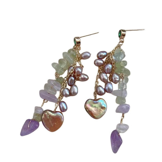 925 Sterling Silver Needle Earrings with Natural Crystal Chips and Heart-Shaped Pearl Accents