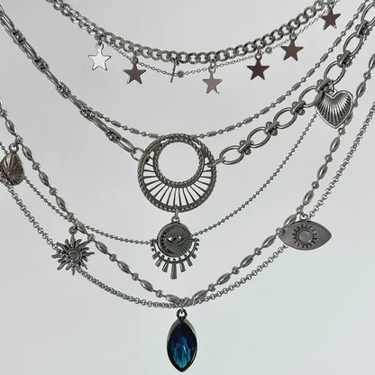 Vintage punk style, lapis lazuli, stars, eye of God, heart pendant silver layered necklace, exotic elegance, niche personality, perfect unique gift.