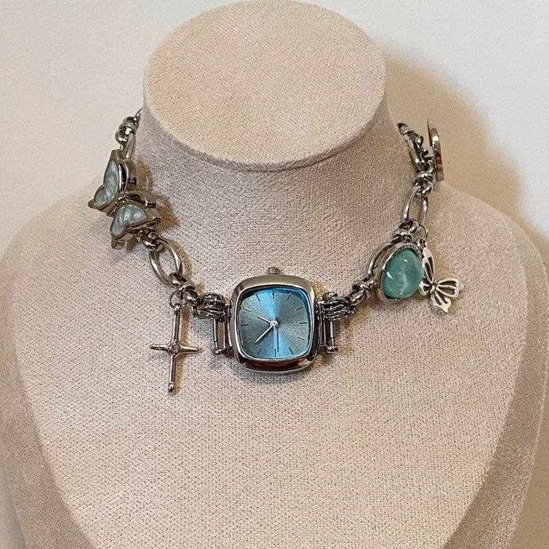 Vintage Chunky Metal Chain Necklace Blue Watch Pendant Choker, Fashion Punk Jewelry, Y2KAccessories, Perfect Unique Handmade Gift