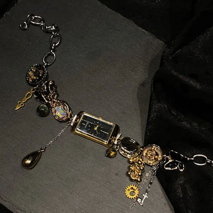 Handmade beaded button watch titanium steel necklace, golden water droplet shape choker necklace jewelry, vintage punk, Y2K necklace, unique stylish gift.