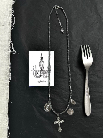 Bead Cross Punk Pearl Layered Choker, Cat Eye Cross Necklace, Metallic Simple Unique Necklace