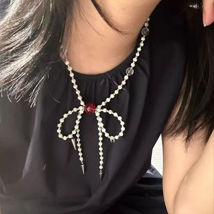 Pearl Bow Choker Necklace Vintage White Pearl Beaded Necklace Jewellery for Women