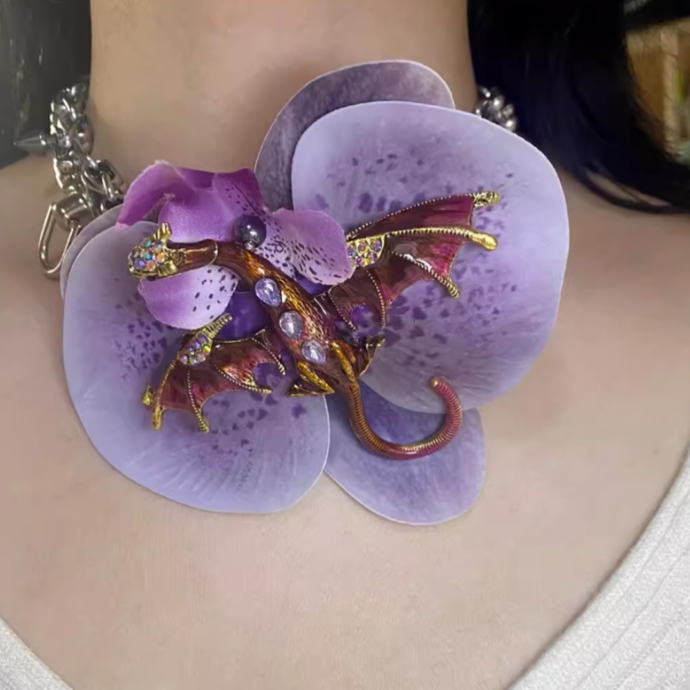 Niche Rretro Punk Butterfly Orchid Titanium Steel Leather Choker Necklace