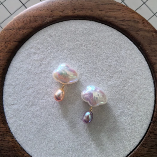 Handmade Freshwater Baroque Cloud Raindrops Irregular Stud Earrings，White Cloud Baroque with Purple Raindrop Pearl，Cute Creative Design, Perfect Unique Handmade Gift for Her