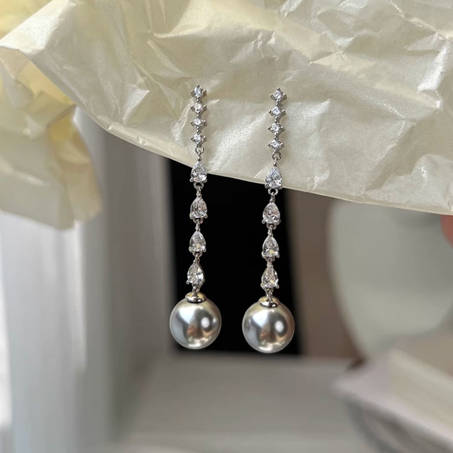 Pearl Dangle Earrings with Zirconia Crystals, Retro S925 Sterling Silver Earrings