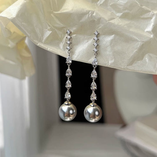 Pearl Dangle Earrings with Zirconia Crystals, Retro S925 Sterling Silver Earrings