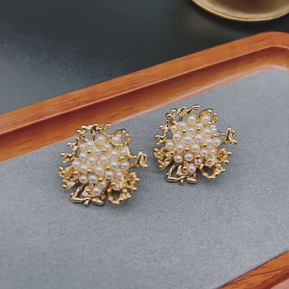 Coral and Pearl Earrings, 18K Gold-Plated Brass, 925 Silver Post, Elegant Antique Style