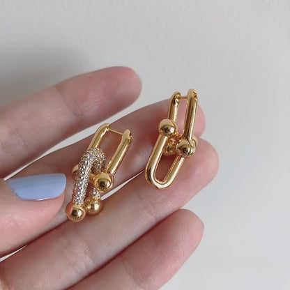 18K Gold-Plated Brass Earrings, Sparkling U-Shape Bamboo Chain, Clip-on Hoop