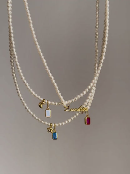 Rainbow Zirconia Sweet and Cool Pearl Necklace with Letter and Geometric Silver Pendants DIY Layered Choker  Description: