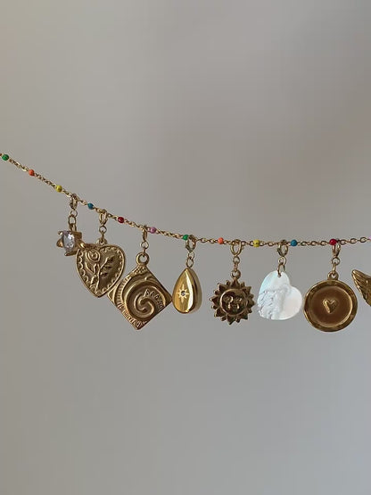 Detachable Vintage Rainbow Bead Necklace with Heart and Angel Charms