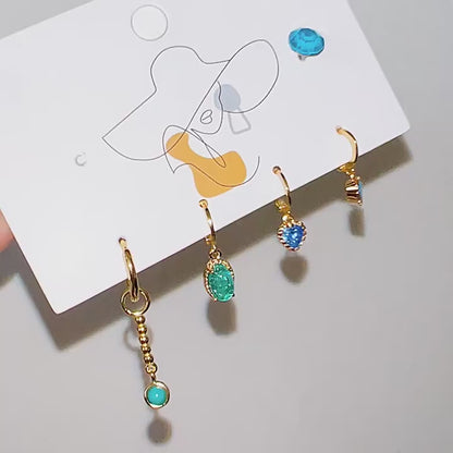 Sparkling Blue Ocean Earrings, Mini Heart Studs, Fashionable Glass Ear Cuff for Women