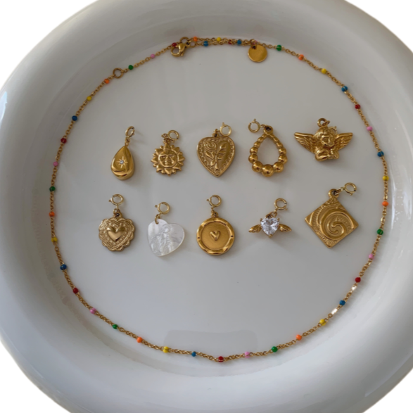 Detachable Vintage Rainbow Bead Necklace with Heart and Angel Charms