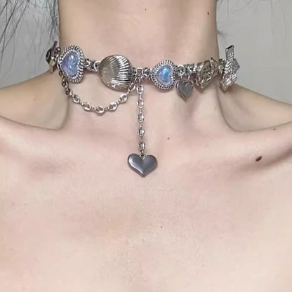 VintagePunk Seashell Blue Heart Gemstone Necklace，metallic Y2K necklace and Ocean Elements in Silver choker