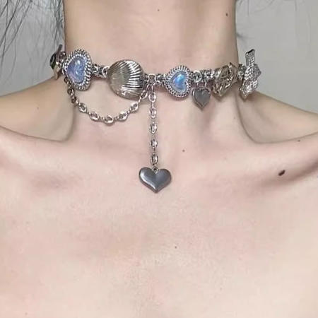 VintagePunk Seashell Blue Heart Gemstone Necklace，metallic Y2K necklace and Ocean Elements in Silver choker