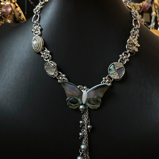 Vintagepunk Butterfly with tassels, Fritillaria silver necklace，Pearl decoration，Trend Necklace，Y2K necklace