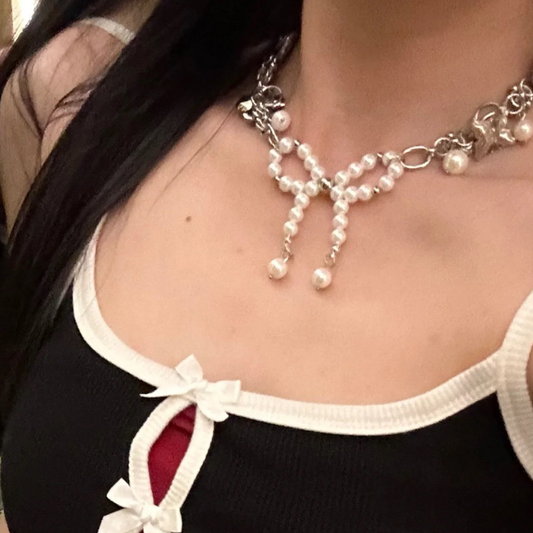 vintagepunk Pearl bow Pendant silver choker,Silver flower and pearls decoration，Y2Kchoker，Special Gift