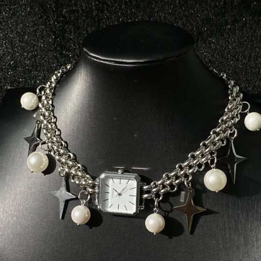 Vintagepunk silver watch chunky chain choker，Adorned with stars and pearls，CyberPunk Y2K choker，Special Gift For Man and Woman