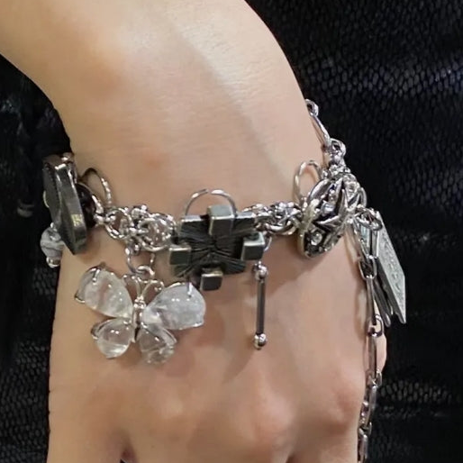vintage punk Crystal Butterfly Bracelet,Silver star button,Multiple metal element design bracelet