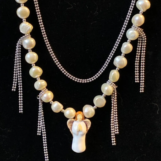 Vintage Angel pendant pearl necklace, silver double layered necklace,A perfect and special gift