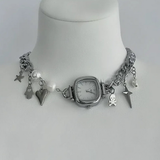 Vintagepunk silver watch chunky chain choker，pearl，heart, star, and multi-element decoration，niche design
