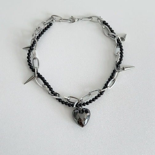 Cyberpunk black heart pendant choker，obsidian choker，double layered choker，spike element，Y2Kchoker