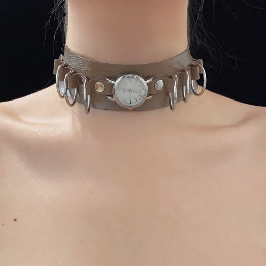 Cyberpunk silver watch brown leather choker,with circular ring accents,Y2Kchoker,Trendy niche design