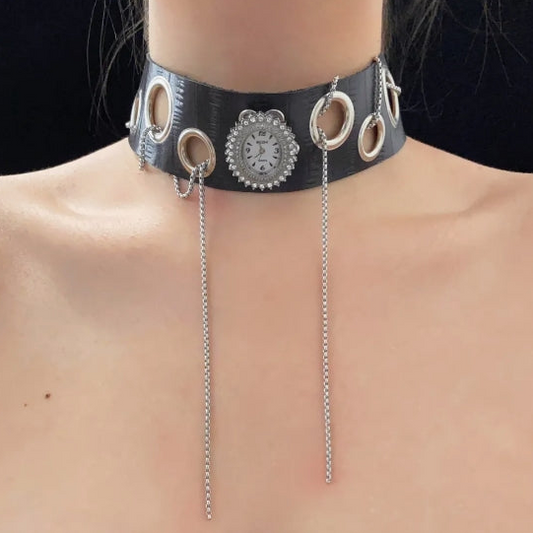 Cyberpunk Silver watch black leather choker，silver chain accents ，gothic style，Y2Kchoker，Unique style