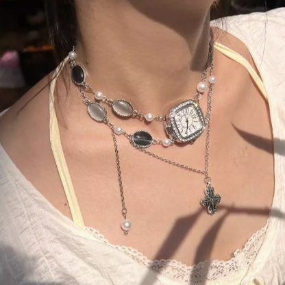 Vintage punk , silver watch with a cross pendant necklace，Double layered necklace，Gemstone embellishment，A special and perfect gift