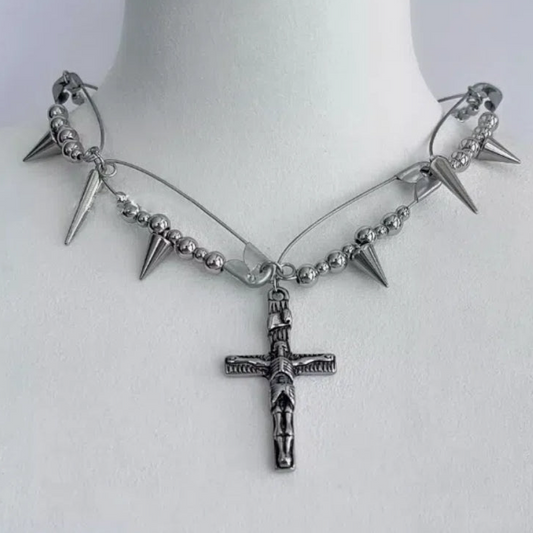 cyberbunk choker, silver Cross pendant necklace with spiked elements,Y2Kchoker,Jesus Pendant,Punk Style,unisex choker,perfect gift