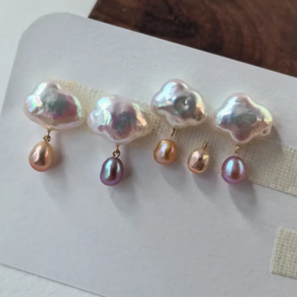 Handmade Freshwater Baroque Cloud Raindrops Irregular Stud Earrings，White Cloud Baroque with Purple Raindrop Pearl，Cute Creative Design, Perfect Unique Handmade Gift for Her